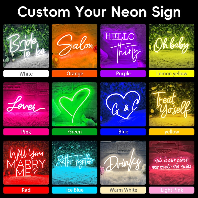May include: A selection of custom neon signs in various colors, including white, orange, purple, and yellow. The signs display phrases like "Bride to be," "Salon," and "Hello Thirty." Each sign is illuminated and set against a contrasting background.
