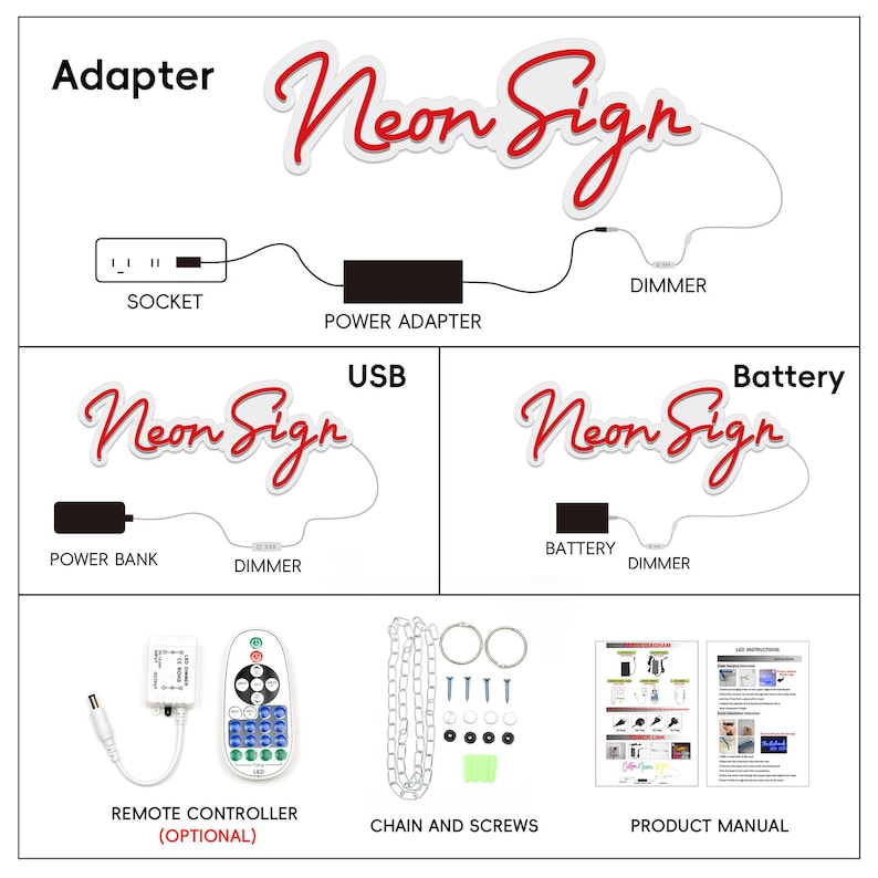 May include: Diagram of a neon sign with various power options: adapter, USB, and battery. Includes a remote controller, chain, screws, and a product manual. The sign reads "Neon Sign" in red script.
