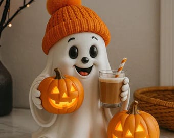 3D Printable Halloween Ghost Figurine with Pumpkins (STL/OBJ Digital Download)