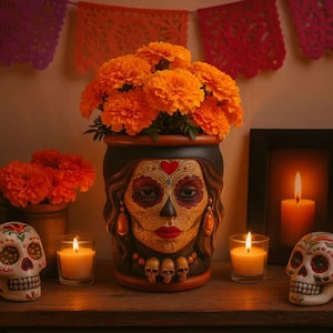 Puede incluir: Una exhibición temática del Día de Muertos con un jarrón decorativo con un diseño de calavera de azúcar pintada, lleno de flores de caléndula naranja. La escena incluye velas encendidas, una imagen enmarcada y figuras de calaveras, todo sobre un fondo de pancartas de papel de colores.