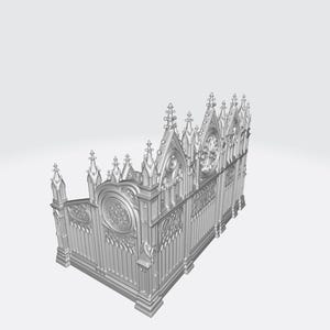 Puede incluir: Una valla gris detallada de estilo g&oacute;tico con intrincados detalles arquitect&oacute;nicos. La valla presenta arcos apuntados, pin&aacute;culos decorativos y patrones circulares. El dise&ntilde;o sugiere un tema hist&oacute;rico o religioso, adecuado para jard&iacute;n o uso decorativo.