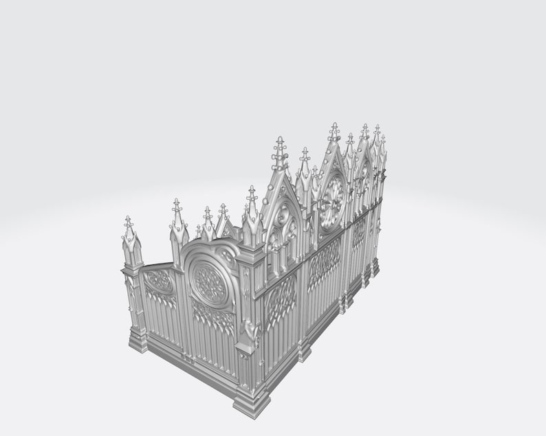 Puede incluir: Una valla gris detallada de estilo g&oacute;tico con intrincados detalles arquitect&oacute;nicos. La valla presenta arcos apuntados, pin&aacute;culos decorativos y patrones circulares. El dise&ntilde;o sugiere un tema hist&oacute;rico o religioso, adecuado para jard&iacute;n o uso decorativo.
