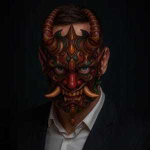 May include: A detailed, ornate mask with red, gold, and green accents, featuring prominent horns and sharp teeth. The mask is worn over the face, with the wearer in a black suit and white shirt. The mask's design is intricate and detailed.