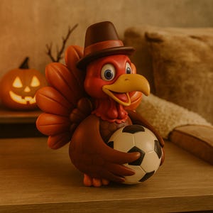 May include: A whimsical Thanksgiving-themed figurine of a cartoon turkey wearing a brown hat, holding a soccer ball. The turkey has red, orange, and brown feathers and a yellow beak. A carved pumpkin is in the background.