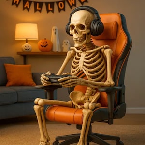 Peut inclure: Un squelette portant un casque et assis dans une chaise de jeu orange et noire, tenant une manette de jeu. La scène est décorée pour Halloween, avec une bannière qui dit "HALLOW" et une citrouille.
