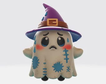 May include: A whimsical ghost figurine with a purple witch hat, brown band, and gold buckle. The ghost has a sad expression, rosy cheeks, and blue tears. Patches and starbursts adorn the white body. Black feet complete the design.