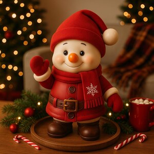 May include: A festive snowman figurine with a red hat, coat, scarf, and mittens. The snowman has a carrot nose, black eyes, and a smiling expression. It stands on a wooden tray with a candy cane and a mug of marshmallows nearby. Christmas decor.