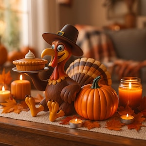Könnte beinhalten: Eine Thanksgiving-Szene mit einer Cartoon-Truthahn-Figur, die einen Pilgerhut trägt und einen Kuchen hält. Die Szene umfasst einen Kürbis, Kerzen und Herbstblätter, die eine festliche Atmosphäre schaffen. Der Truthahn ist braun, rot und gelb.