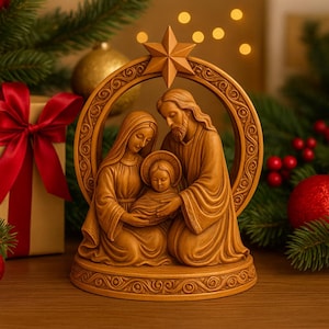 Pode incluir: Um presépio de madeira que retrata Maria, José e o menino Jesus. As figuras são esculpidas em uma cor marrom clara e quente e estão situadas dentro de uma moldura circular decorativa encimada por uma estrela. A cena se passa em um fundo de decorações de Natal.