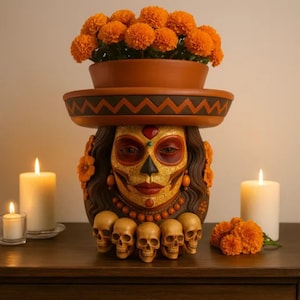 Könnte beinhalten: Ein dekorativer Pflanztopf zum Tag der Toten mit einem bemalten Totenkopfgesicht mit breitem Hut, der einen Topf mit orangefarbenen Blumen hält. Die Basis des Pflanzgefäßes hat sechs kleine Schädel. Auf beiden Seiten des Pflanzgefäßes befinden sich zwei brennende Kerzen.