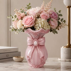May include: A pink ceramic vase with a bow design, filled with a bouquet of pink and white flowers. The vase has a decorative, ornate design and is sitting on a marble surface. The flowers include roses, peonies, and hydrangeas.
