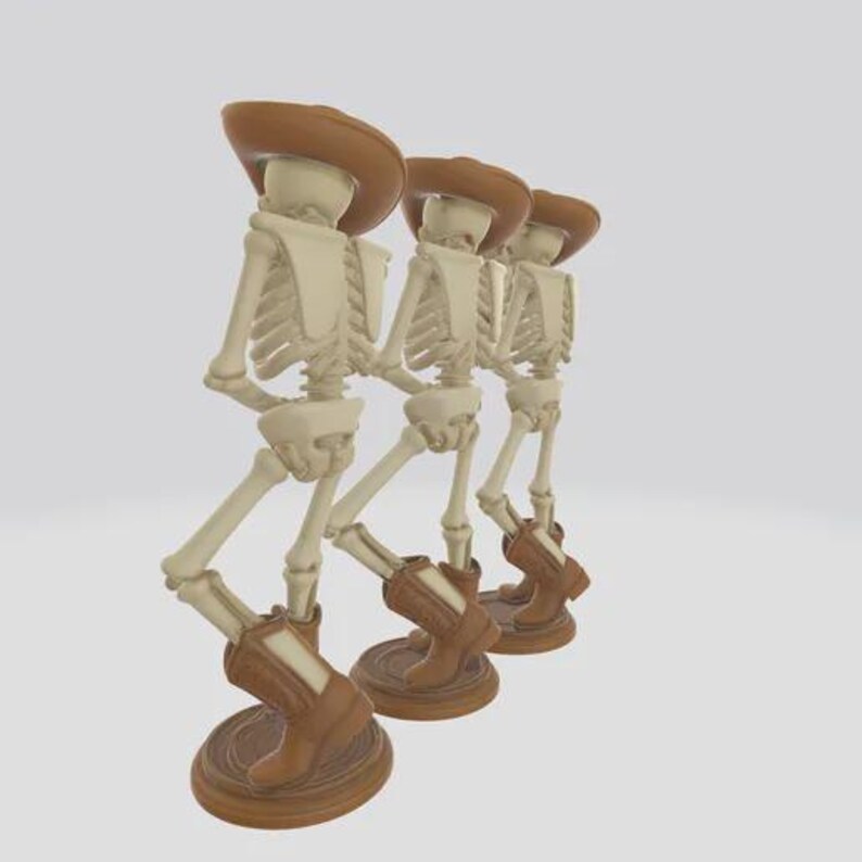 May include: Three skeletal figures wearing brown cowboy hats and boots. The figures are standing on brown circular bases. The skeletons are in a line, with their arms at their sides and legs in a walking position.