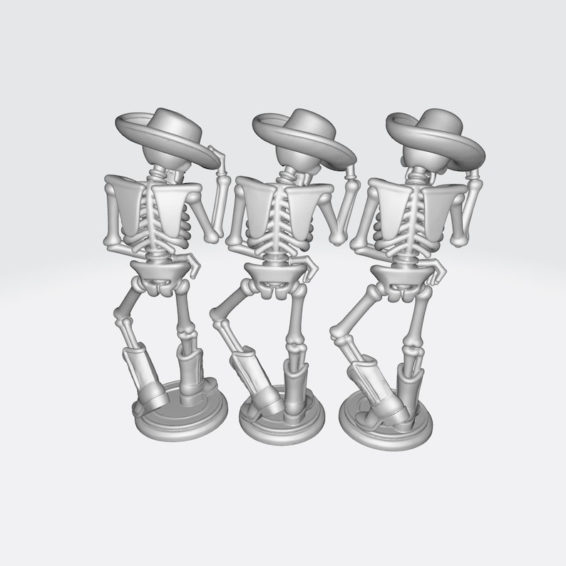 May include: Three gray skeleton figurines wearing hats and boots, posed in a dancing stance. Each skeleton is standing on a round base. The figures are set against a plain, light gray background.