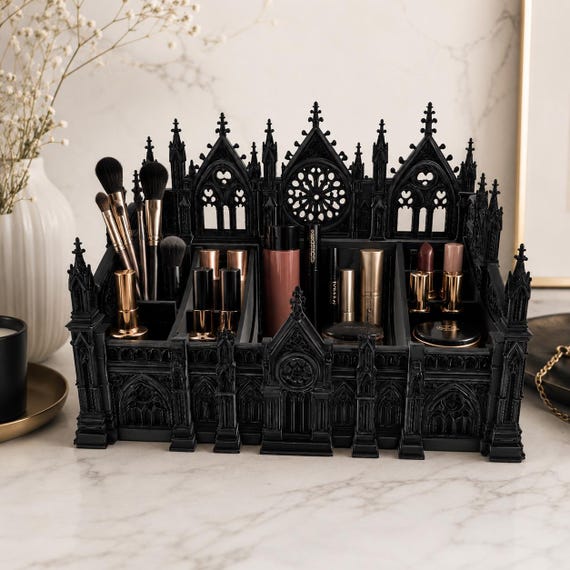 Gothic Cathedral Makeup Organizer STL+OBJ+3MF, 3D Print File, Dark Academia Vanity makeup ,Brush Holder,Digital download