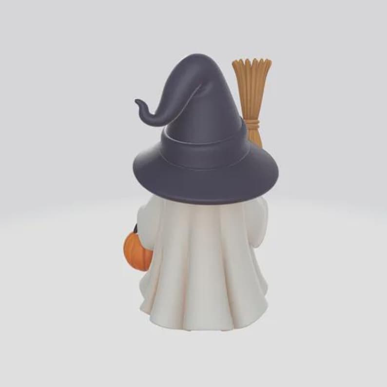May include: A Halloween-themed figurine of a ghost wearing a dark purple witch hat and carrying an orange pumpkin bucket. A small broom is attached to the back. The ghost is draped in a white sheet.