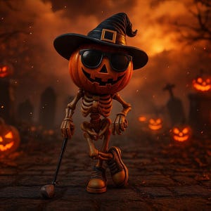 May include: A Halloween-themed illustration features a pumpkin-headed skeleton wearing sunglasses and a witch's hat, holding a golf club. The background includes lit jack-o'-lanterns and a spooky, orange-toned landscape, perfect for Halloween decor.