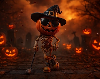 May include: A Halloween-themed illustration features a pumpkin-headed skeleton wearing sunglasses and a witch's hat, holding a golf club. The background includes lit jack-o'-lanterns and a spooky, orange-toned landscape, perfect for Halloween decor.