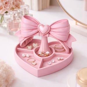 Vassoio portagioie a forma di cuore con fiocco, grazioso e civettuolo, in formato STL, 3MF, OBJ / file per stampa 3D / portagioie per anelli / portagioie decorativo rosa e femminile