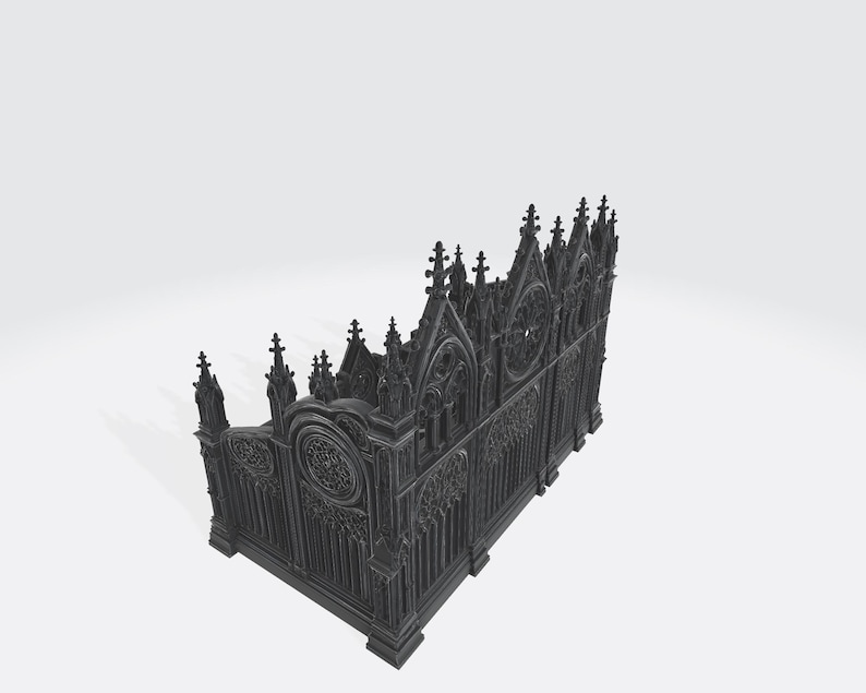 Puede incluir: Una valla decorativa de estilo g&oacute;tico, de color gris oscuro, con intrincados detalles arquitect&oacute;nicos. La valla presenta arcos apuntados, tracer&iacute;a ornamentada y un dise&ntilde;o de ventana circular. La est&eacute;tica general recuerda a una catedral o estructura medieval.