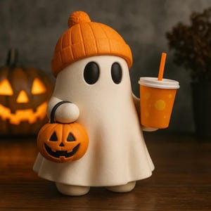 Può includere: Una statuina di fantasma bianco con un cappello a zucca arancione, che tiene in mano una lanterna di zucca e una bevanda. La lanterna di zucca è arancione con un volto intagliato. La bevanda è in una tazza arancione con coperchio e cannuccia bianchi. Una zucca intagliata è sullo sfondo.