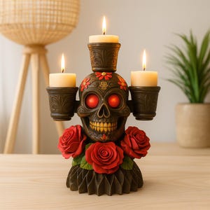 Può includere: Un portacandele a teschio del Giorno dei Morti con tre candele accese. Il teschio marrone ha occhi rossi incandescenti, un sorriso con denti gialli ed è adornato con fiori e rose rosse. I portacandele sono marroni con un motivo floreale.