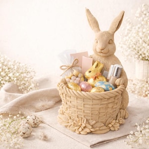 May include: A beige Easter bunny figurine holding a woven basket filled with Easter eggs, wrapped candies, and small gifts. The basket is decorated with floral accents. The background includes white flowers and a neutral-toned cloth.
