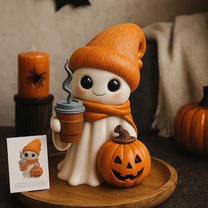 May include: A whimsical Halloween-themed figurine of a ghost wearing an orange hat and scarf, holding a coffee cup and a carved pumpkin. The ghost has large black eyes and a smiling face. A small card with a similar image is in front.