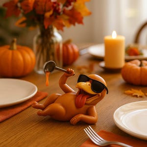 May include: A whimsical, orange turkey figurine wearing sunglasses and sticking out its tongue, holding a ladle with orange liquid. The figurine is on a wooden table set for a fall meal, with pumpkins, a lit candle, and fall foliage.