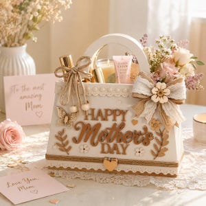 May include: A white gift basket with a handle, decorated with a bow, flowers, and the words "Happy Mother's Day." The basket contains a candle, hand cream, and other gifts. Two pink cards with text are in the foreground.