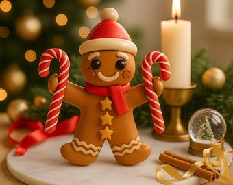 Könnte beinhalten: Lebkuchenmann-Figur mit roter Mütze und Schal, hält Zuckerstangen. Die festliche Dekoration befindet sich auf einer weißen Marmoroberfläche, mit einer brennenden Kerze, Zimtstangen und einer Schneekugel. Weihnachtsthema.