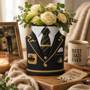 May include: A black and gold vase shaped like a suit jacket, holding a bouquet of white and green flowers. The vase has a white collar, striped tie, and a "Best Dad Ever" emblem. A mug with "Best Dad Ever" is also visible.
