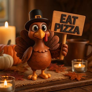 May include: A brown turkey figurine wearing a black top hat and holding a wooden sign that reads "EAT PIZZA". The turkey has a yellow beak and red wattle. The background includes pumpkins, candles, and fall leaves.