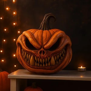 Peut inclure: Une citrouille d'Halloween orange détaillée avec un visage menaçant, des dents pointues et une tige torsadée. Une bougie et des guirlandes lumineuses créent une ambiance effrayante.