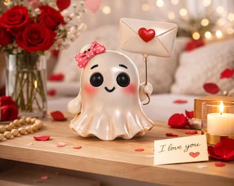 May include: A whimsical, off-white ghost figurine with a pink bow, holding an envelope with a red heart. A lit candle, red rose petals, and a card that says "I love you" are on a wooden surface. A bouquet of red roses is in the background.