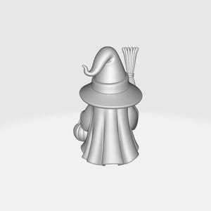 May include: A gray figurine of a witch from the back, wearing a pointed hat and cape. The witch is holding a pumpkin and a broom. The figurine is a 3D rendering, perfect for Halloween decorations.