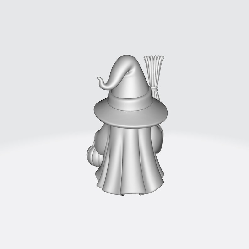 May include: A gray figurine of a witch from the back, wearing a pointed hat and cape. The witch is holding a pumpkin and a broom. The figurine is a 3D rendering, perfect for Halloween decorations.