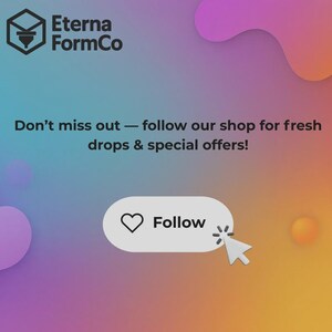 Puede incluir: Imagen con un fondo degradado de azul, morado y naranja. El logotipo de Eterna FormCo est&aacute; en la parte superior izquierda. El texto dice: "&iexcl;No te lo pierdas - sigue nuestra tienda para nuevas ofertas!" Un bot&oacute;n blanco con un coraz&oacute;n y la palabra "Seguir".
