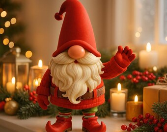 Puede incluir: Figura de gnomo rojo festivo con una larga barba blanca, una nariz redonda y un gorro puntiagudo. El gnomo lleva un suéter y botas rojas, con calcetines a rayas verdes y rojas. Decoración navideña.