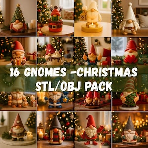 Peut inclure: Une collection de 16 gnomes de Noël aux designs variés. Chaque gnome a un style unique, certains tenant des objets comme un sapin de Noël ou un cœur. L'image contient le texte "16 GNOMES - CHRISTMAS STL/OBJ PACK."