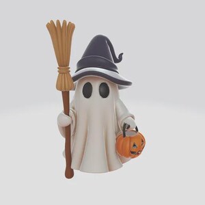 May include: A cartoon ghost figure wearing a black witch hat and holding a broom and a jack-o'-lantern bucket. The ghost is white with black oval eyes. The broom is brown and tan, and the pumpkin is orange.