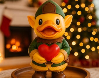 May include: A whimsical yellow duck figurine with elf-like features, wearing a green and brown outfit, and holding a red heart. The duck is standing on a wooden tray, with a Christmas tree and fireplace in the background.
