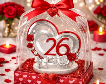 Puede incluir: Un centro de mesa en forma de corazón con el número 26 en rojo, rodeado de adornos plateados y rosas rojas. El adorno está envuelto en celofán, atado con un lazo y un corazón rojos. Se encuentra en una caja roja con estampado de corazones.