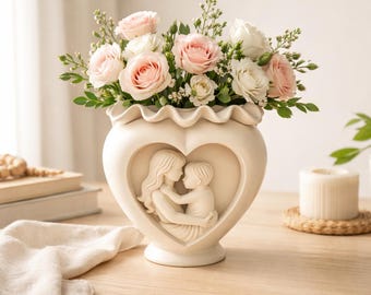 Mother’s Day Heart  Mom & Child Vase STL +OBJ +3MF 3d model Commercial license included|3D Printing| Rose Planter DIY Gift for Mom Decor