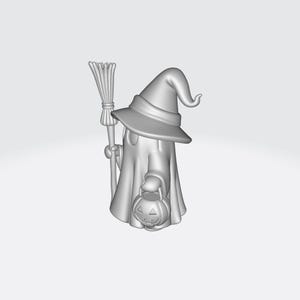 May include: A 3D-rendered Halloween ghost figure, wearing a witch hat and holding a broom and a jack-o'-lantern bucket. The ghost is draped in a flowing sheet, and the hat has a wide brim. The broom is detailed, and the pumpkin bucket has a carved face.