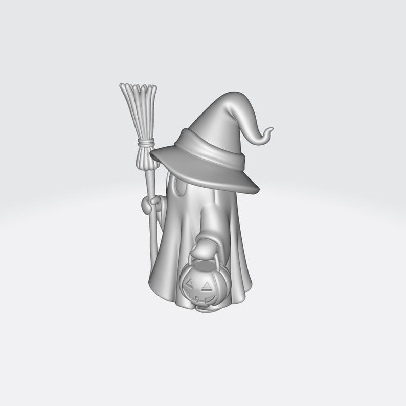 May include: A 3D-rendered Halloween ghost figure, wearing a witch hat and holding a broom and a jack-o'-lantern bucket. The ghost is draped in a flowing sheet, and the hat has a wide brim. The broom is detailed, and the pumpkin bucket has a carved face.