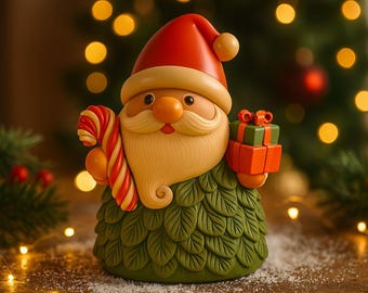 May include: A festive Santa Claus figurine with a red hat, cream-colored beard, and green leafy body. He holds a candy cane and a small gift box. The background features blurred Christmas lights and a wooden surface.