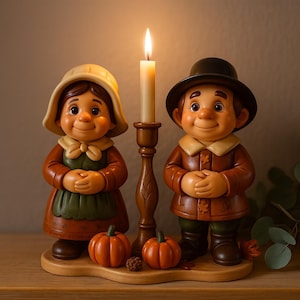 Può includere: Un set di statuette decorative del Ringraziamento con una coppia sorridente in abiti tradizionali, una candela accesa e due piccole zucche. Le figure sono marroni, beige e verdi, con una base di legno. La candela è bianca e le zucche sono arancioni.