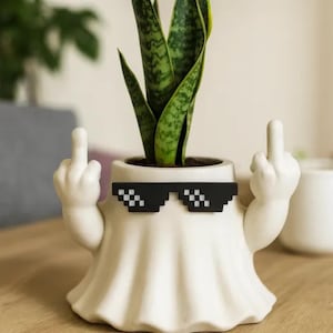 May include: A white ceramic planter shaped like a ghost, with arms raised and middle fingers extended. The ghost wears pixelated sunglasses. The planter holds a green snake plant.