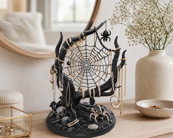 Soporte para joyas góticas de Halloween, modelos 3D STL, 3MF y OBJ, con licencia comercial incluida. Exhibidor de anillos con diseño de telaraña. Organizador de estética oscura.