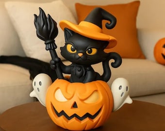 Halloween Black Cat Witch 3D Print File: Pumpkin, Ghosts (STL/OBJ Digital Download)